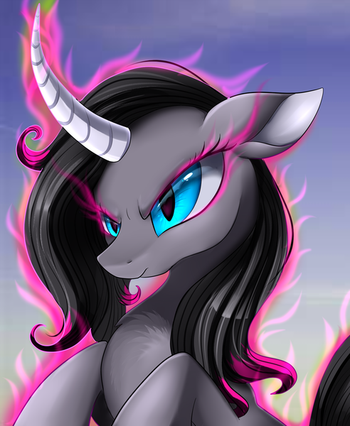 Size: 1446x1764 | Tagged: safe, artist:pridark, derpibooru import, part of a set, oleander (tfh), classical unicorn, unicorn, them's fightin' herds, aura, bust, cloven hooves, community related, curved horn, dark magic, female, horn, leonine tail, magic, portrait, solo, unshorn fetlocks