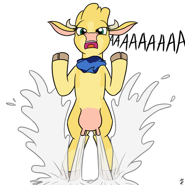 Size: 1280x1280 | Tagged: safe, artist:mkogwheel, derpibooru import, arizona cow, oc, cow, them's fightin' herds, bipedal, cloven hooves, community related, excessive milk, female, goku, lactation, milk, milk squirt, palette swap, recolor, screaming, simple background, solo, udder, weaponized udder, white background