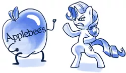 Size: 724x421 | Tagged: safe, artist:mod human in ponyville, derpibooru import, rarity, pony, unicorn, ask human in ponyville, apple, applebee's, bipedal, female, fight, food, funny, mare, martial artist rarity, meme, monochrome, rarity fighting a giant applebee's, request, simple background, white background