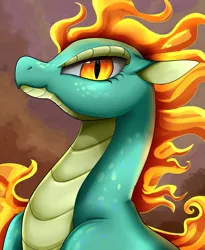 Size: 1443x1764 | Tagged: artist:pridark, bust, community related, derpibooru import, dragon, female, fire, hybrid, longma, mane of fire, part of a set, portrait, safe, slit eyes, solo, them's fightin' herds, tianhuo