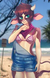 Size: 660x1020 | Tagged: anthro, arizona cow, artist:tawni-tailwind, bikini, bikini top, breasts, clothes, community related, cow, derpibooru import, female, looking at you, overalls, pale belly, smiling, solo, solo female, suggestive, swimsuit, them's fightin' herds