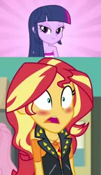 Size: 788x1362 | Tagged: safe, derpibooru import, editor:backgroundlol, sunset shimmer, twilight sparkle, equestria girls, equestria girls (movie), equestria girls series, forgotten friendship, blushing, clothes, dress, fall formal outfits, female, lesbian, lidded eyes, looking at each other, shipping, smiling, sunsetsparkle