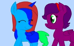 Size: 1280x800 | Tagged: safe, artist:jazzystarlover, derpibooru import, oc, oc:crystal (sch01), unofficial characters only, alicorn, pegasus, pony, alicorn oc, duo, eyes closed, happy, horn, looking at each other, looking back, ponysona, simple background, smiling, walking, wings