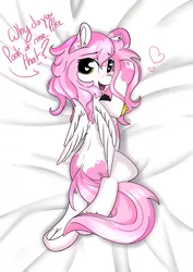 Size: 2480x3507 | Tagged: safe, artist:saralien, derpibooru import, oc, oc:saralien, unofficial characters only, pegasus, pony, bed, blushing, cute, dialogue, ear fluff, female, frog (hoof), heart, heart eyes, looking at you, looking back, looking back at you, lying down, mare, on bed, open mouth, pillow, prone, solo, underhoof, wingding eyes