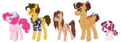 Size: 1807x649 | Tagged: safe, artist:whalepornoz, derpibooru import, cheese sandwich, pinkie pie, oc, oc:giggles, oc:rockin' beet, oc:toffee, alternate hairstyle, bandana, cheesepie, clothes, family, female, glasses, hawaiian shirt, line-up, male, offspring, parent:cheese sandwich, parent:pinkie pie, parents:cheesepie, piercing, shipping, shirt, simple background, straight, transparent background