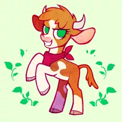 Size: 1500x1500 | Tagged: abstract background, arizona cow, artist:dawnfire, bandana, cloven hooves, community related, cow, derpibooru import, female, green background, leaves, looking at you, no pupils, rearing, safe, simple background, smiling, solo, them's fightin' herds