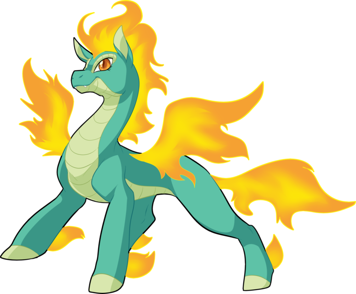 Size: 2288x1891 | Tagged: artist:fizzy-dog, community related, derpibooru import, dragon, fangs, female, fiery wings, hybrid, longma, mane of fire, safe, simple background, smiling, solo, them's fightin' herds, tianhuo, transparent background, wings