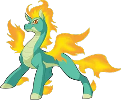 Size: 2288x1891 | Tagged: artist:fizzy-dog, community related, derpibooru import, dragon, fangs, female, fiery wings, hybrid, longma, mane of fire, safe, simple background, smiling, solo, them's fightin' herds, tianhuo, transparent background, wings