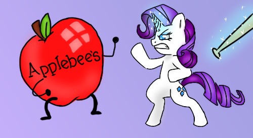 Size: 500x273 | Tagged: safe, artist:askrainbowballoon, derpibooru import, rarity, unicorn, apple, applebee's, baseball bat, female, fight, food, funny, levitation, magic, mare, meme, rarity fighting a giant applebee's, request, telekinesis, weapon, wingardium leviosa