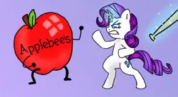 Size: 500x273 | Tagged: safe, artist:askrainbowballoon, derpibooru import, rarity, unicorn, apple, applebee's, baseball bat, female, fight, food, funny, levitation, magic, mare, meme, rarity fighting a giant applebee's, request, telekinesis, weapon, wingardium leviosa