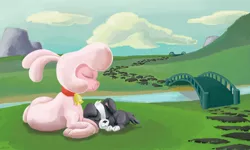 Size: 3382x2024 | Tagged: artist:invertigo, bell, bell collar, bridge, collar, community related, derpibooru import, lamb, pom lamb, puppy, river, safe, scenery, sheep, them's fightin' herds