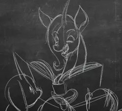 Size: 662x604 | Tagged: artist needed, safe, derpibooru import, oleander (tfh), classical unicorn, unicorn, them's fightin' herds, bedtime story, black and white, book, cloven hooves, community related, female, grayscale, kids, leonine tail, monochrome, reading, sketch, this will end in tears, unshorn fetlocks