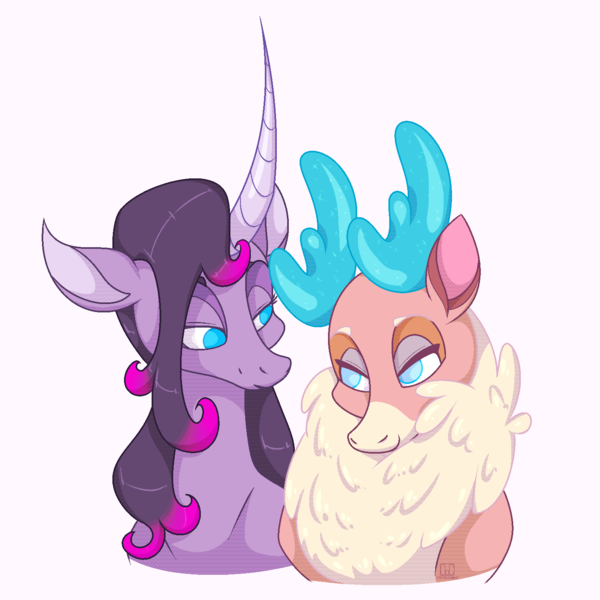 Size: 1500x1500 | Tagged: safe, artist:ogaraorcynder, derpibooru import, oleander (tfh), velvet reindeer, classical unicorn, deer, reindeer, unicorn, them's fightin' herds, cloven hooves, community related, female, interspecies, leonine tail, lesbian, looking at each other, shipping, simple background, smiling, unshorn fetlocks, velveander