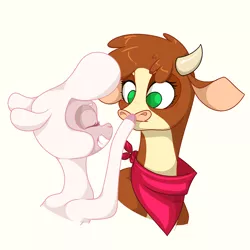 Size: 1500x1500 | Tagged: aplflu, arizona cow, artist:ogaraorcynder, bandana, blushing, boop, cloven hooves, community related, cow, derpibooru import, female, lamb, lesbian, pom lamb, pomzona, safe, sheep, shipping, simple background, smiling, them's fightin' herds, touch the cow