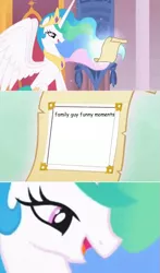 Size: 479x813 | Tagged: alicorn, celestia's letter, derpibooru import, exploitable meme, family guy, female, letter, meme, princess celestia, safe, solo, template, theme song letter meme