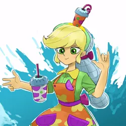 Size: 1000x1000 | Tagged: safe, artist:bojack_mlplove, derpibooru import, applejack, eqg summertime shorts, equestria girls, shake things up!, apron, clothes, drink, female, looking at you, solo, straw