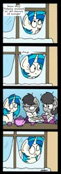 Size: 1217x3445 | Tagged: safe, artist:bobthedalek, derpibooru import, octavia melody, vinyl scratch, oc, oc:mixed melody, oc:octavia's mother, earth pony, pony, unicorn, bathrobe, bed mane, clothes, comic, cup, octavia is not amused, oh crap face, robe, snow, sudden realization, teacup, teapot, this will end in intensive mothering, unamused, window