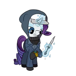 Size: 1280x1280 | Tagged: safe, artist:phat_guy, derpibooru import, rarity, pony, unicorn, brotherhood of arms, cap, clothes, crossover, dagger, enthusiast's timepiece, female, glowing horn, hat, hood, hoodie, horn, knife, looking at something, looking down, magic, mare, melee, melee weapon, pants, raised leg, rarispy, simple background, solo, spy, standing, suit, sweater, team fortress 2, telekinesis, transparent background, turtleneck, video game, watch, weapon, wristwatch, your eternal reward