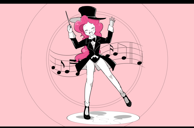 Size: 3632x2400 | Tagged: safe, artist:gyunyu, derpibooru import, pinkie pie, equestria girls, baton, bowtie, clothes, conductor's baton, cutie mark, eyes closed, female, hat, looking at you, music notes, shoes, simple background, suit, top hat