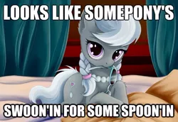 Size: 620x427 | Tagged: adorasexy, all caps, artist:rainbow, caption, cute, derpibooru import, glasses, image macro, impact font, looking at you, looks like somepony's, mouth hold, sexy, silver spoon, suggestive, text