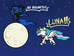Size: 1024x768 | Tagged: safe, artist:flutterluv, derpibooru import, princess celestia, princess luna, alicorn, pony, series:flutterluv's full moon, clothes, crown, dialogue, female, flying, full moon, jewelry, mare, moon, night, regalia, royal sisters, sitting, stars, tangible heavenly object, yelling
