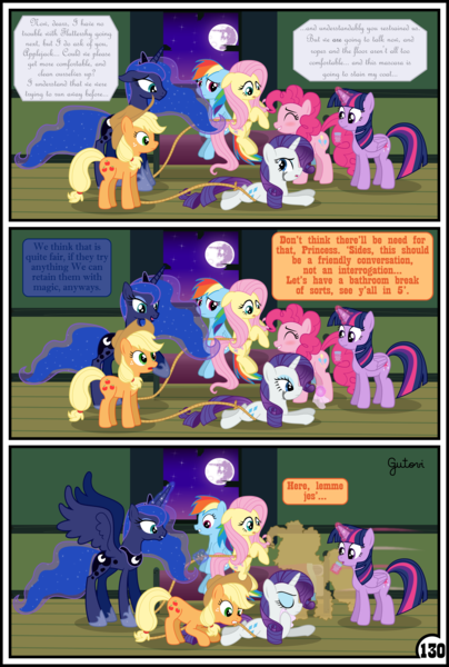 Size: 3254x4837 | Tagged: safe, artist:gutovi, derpibooru import, applejack, fluttershy, pinkie pie, princess luna, rainbow dash, rarity, twilight sparkle, twilight sparkle (alicorn), alicorn, earth pony, pegasus, pony, unicorn, comic:why me!?, bed, broken window, comic, crying, lasso, mane six, mare in the moon, moon, rope, window