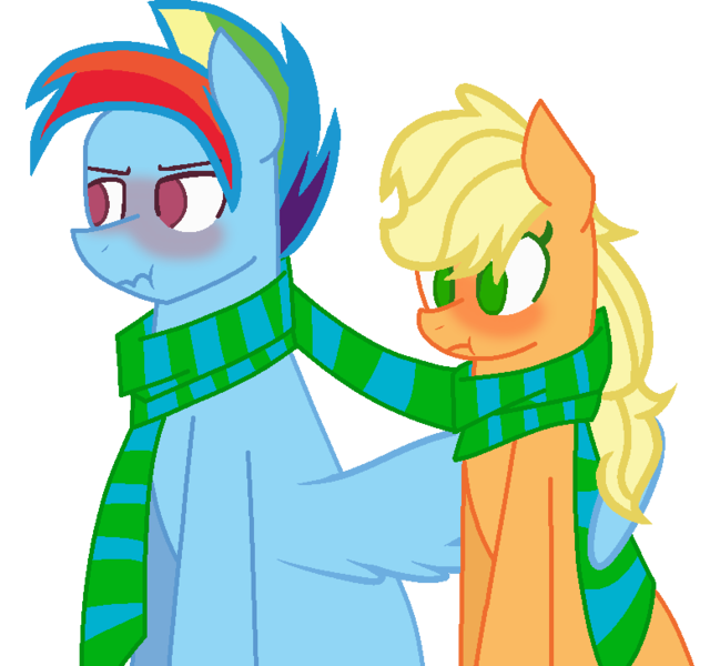 Size: 777x729 | Tagged: safe, artist:puffydashie01, derpibooru import, applejack, rainbow dash, pony, appleblitz (straight), appledash, blushing, clothes, female, half r63 shipping, hug, male, rainbow blitz, rule 63, scarf, shared clothing, shared scarf, shipping, simple background, straight, transparent background, winghug