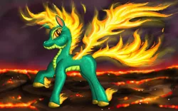 Size: 1920x1200 | Tagged: artist:alevgor, community related, derpibooru import, dragon, female, fire, hybrid, longma, looking at you, mane of fire, safe, solo, them's fightin' herds, tianhuo