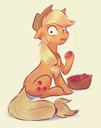 Size: 798x1007 | Tagged: safe, artist:imalou, derpibooru import, applejack, earth pony, pony, applejack's hat, basket, caught, cowboy hat, dishonorapple, drawthread, female, food, fruit heresy, hat, hoof hold, looking at you, looking over shoulder, mare, scrunchy face, simple background, sitting, solo, strawberry, surprised, yellow background