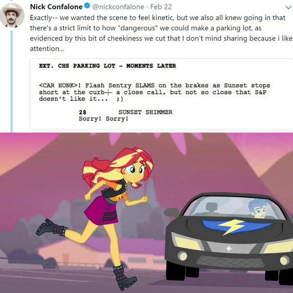 Size: 2048x2048 | Tagged: safe, derpibooru import, screencap, flash sentry, sunset shimmer, equestria girls, equestria girls series, forgotten friendship, deleted scene, flash sentry's car, meta, nick confalone, script, text, twitter