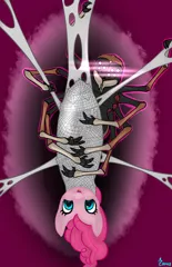 Size: 792x1224 | Tagged: safe, artist:edgarkingmaker, derpibooru import, pinkie pie, oc, oc:morthax (spider), pony, spider, bondage, cocoon, female, hanging, hanging upside down, male, spider web, suspended, upside down