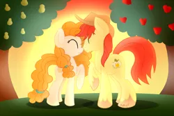 Size: 3000x2000 | Tagged: safe, artist:vcm1824, derpibooru import, bright mac, pear butter, earth pony, pony, the perfect pear, apple, apple tree, applejack's parents, brightbutter, cowboy hat, eyes closed, female, hat, male, mare, pear tree, shipping, smiling, stallion, stetson, straight, tree, unshorn fetlocks