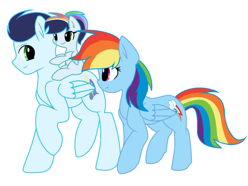 Size: 1508x1132 | Tagged: safe, artist:thesmall-artist, derpibooru import, rainbow dash, soarin', oc, oc:speed dash, pony, backwards cutie mark, female, filly, male, offspring, parent:rainbow dash, parent:soarin', parents:soarindash, ponies riding ponies, riding, shipping, simple background, soarindash, straight, transparent background