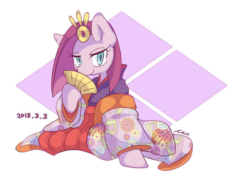 Size: 1500x1106 | Tagged: safe, artist:bbtasu, derpibooru import, pinkie pie, earth pony, pony, clothes, fan, female, folding fan, kimono (clothing), looking at you, mare