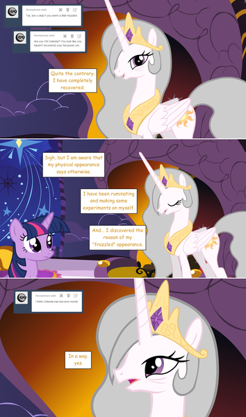 Size: 1280x2168 | Tagged: safe, artist:hakunohamikage, derpibooru import, princess celestia, twilight sparkle, twilight sparkle (alicorn), alicorn, pony, ask-princesssparkle, ask, canterlot castle, celestia's bedroom, gray mane, tumblr