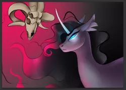Size: 610x436 | Tagged: safe, artist:casynuf, derpibooru import, fhtng th§ ¿nsp§kbl, oleander (tfh), classical unicorn, demon, unicorn, them's fightin' herds, cloven hooves, community related, curved horn, female, glowing eyes, horn, leonine tail, mare, skull, unshorn fetlocks