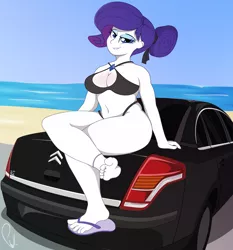 Size: 1600x1720 | Tagged: safe, artist:phyll, derpibooru import, rarity, equestria girls, alternate hairstyle, barefoot, beach, beach babe, bikini, breasts, busty rarity, car, citroën, citroën c4, clothes, feet, flip flops, hips, sandals, swimsuit, thick, thighs, toes