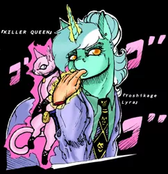 Size: 1821x1885 | Tagged: semi-grimdark, artist:pantheracantus, derpibooru import, lyra heartstrings, cat, pony, unicorn, clothes, colored, crossover, diamond is unbreakable, female, finger in mouth, glowing horn, hand, horn, jojo's bizarre adventure, killer queen, mare, menacing, necktie, ponytail, simple background, stand, suit, yoshikage kira, yoshikage lyra, ゴ ゴ ゴ