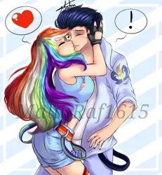 Size: 711x768 | Tagged: safe, artist:malinraf1615, derpibooru import, rainbow dash, soarin', human, breasts, busty rainbow dash, clothes, exclamation point, female, heart, humanized, kissing, male, midriff, one eye closed, pictogram, shipping, shorts, soarindash, straight, tanktop, watermark