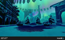 Size: 1280x790 | Tagged: artist:lindsay towns, artist:mane6, aurora borealis, background, community related, derpibooru import, ice, ice sculpture, night, official art, reine, safe, snow, stage, them's fightin' herds