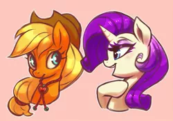 Size: 949x666 | Tagged: safe, artist:sorcerushorserus, derpibooru import, applejack, rarity, earth pony, pony, unicorn, applejack's hat, bolo tie, cowboy hat, duo, female, hat, mare, pink background, simple background