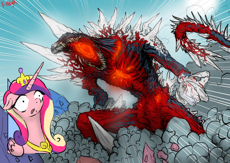 Size: 1200x848 | Tagged: artist:mavlszila, derpibooru import, godzilla (series), kaiju, monster, princess cadance, scared, semi-grimdark, spacegodzilla