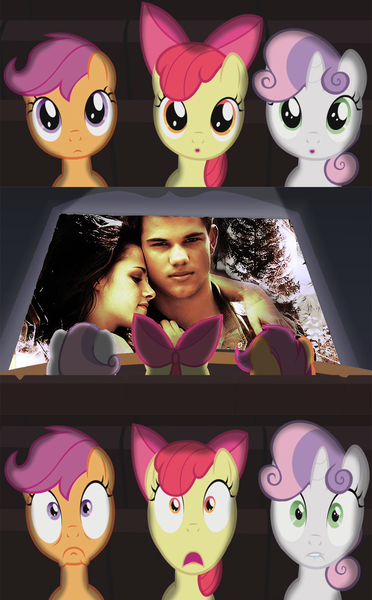 Size: 800x1290 | Tagged: safe, derpibooru import, apple bloom, scootaloo, sweetie belle, pony, exploitable meme, foal, meme, photo, theater meme, twilight (series)