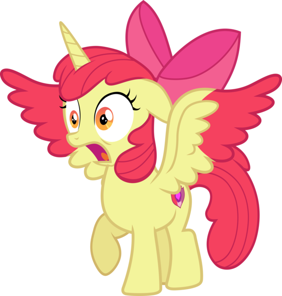 Size: 3778x3959 | Tagged: alicorn, alicornified, apple bloom, apple bloom's bow, artist:frownfactory, artist:parclytaxel, bloomicorn, bow, cutie mark, derpibooru import, female, filly, hair bow, horn, open mouth, race swap, safe, simple background, solo, startled, svg, .svg available, transparent background, two toned wings, vector, wings