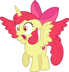Size: 3778x3959 | Tagged: alicorn, alicornified, apple bloom, apple bloom's bow, artist:frownfactory, artist:parclytaxel, bloomicorn, bow, cutie mark, derpibooru import, female, filly, hair bow, horn, open mouth, race swap, safe, simple background, solo, startled, svg, .svg available, transparent background, two toned wings, vector, wings