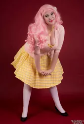 Size: 652x960 | Tagged: safe, artist:lochlan o'neil, derpibooru import, fluttershy, bat pony, human, big breasts, breasts, busty fluttershy, cleavage, clothes, cosplay, costume, cute, flutterbat, high heels, irl, irl human, pantyhose, photo, pinup, race swap, shoes, skirt, socks, stockings, thigh highs