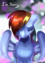 Size: 500x700 | Tagged: safe, artist:latia122, derpibooru import, rainbow dash, pegasus, pony, crying, eyes closed, female, i'm sorry, looking down, mare, sad, signature, solo, sorry, spread wings, wings