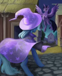 Size: 600x733 | Tagged: safe, artist:adeptus-monitus, artist:sa1ntmax, derpibooru import, trixie, twilight sparkle, twilight sparkle (alicorn), alicorn, pony, unicorn, cape, clothes, collaboration, hat, trixie's cape, trixie's hat