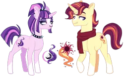 Size: 1176x734 | Tagged: safe, artist:whalepornoz, derpibooru import, oc, oc:daybreak, oc:eventide, unofficial characters only, blaze (coat marking), choker, clothes, coat markings, cutie mark, duo, ear piercing, earring, eyeshadow, female, jewelry, makeup, male, nose piercing, offspring, parent:starlight glimmer, parent:sunburst, parents:starburst, piercing, scarf, simple background, socks (coat marking), spiked choker, transparent background, twins