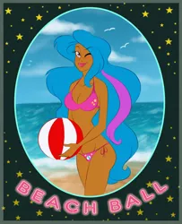 Size: 648x800 | Tagged: artist:uppun, beach ball, beach ball (g1), bikini, clothes, derpibooru import, g1, human, humanized, one eye closed, safe, swimsuit, wink